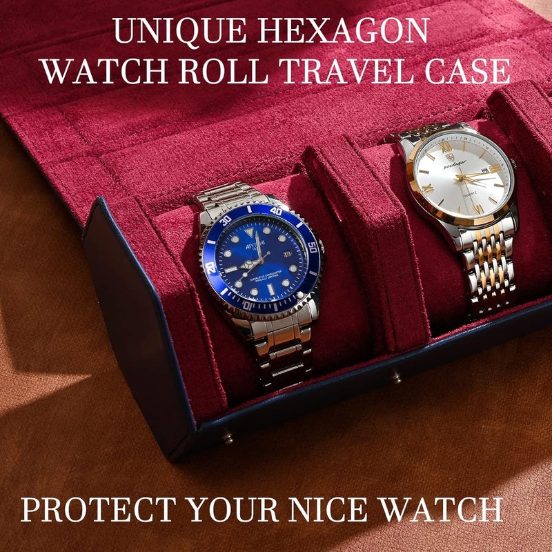 ROSELLE Luxury Leather Watch Roll Travel Case for Men and Women,Travel Watch Case Holds 3 Watches Storage & Display,Designed for steel watch bands &leather metal rubber and bracelets - Image 2